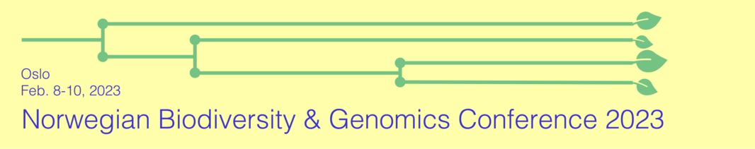 Banner with yellow background and blue text reading "Norwegian Biodiversity & Genomics Conference 2023, Feb. 8-10th, 2023, Oslo" and a green phylogenetic tree with leaves
