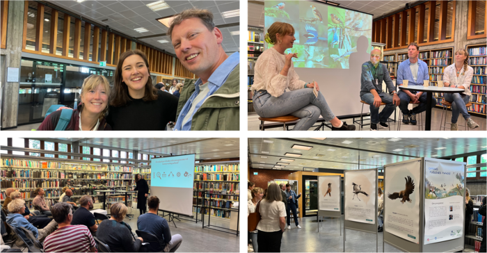 Figuren består av fire bilder satt sammen der øverst til venstre er et bilde av Norith Eckbo, Benedicte Garmann-Aarhus og Martin Eggen. Bildet øverst til høyre er av panelsamtalen mellom Kjetill Jakobsen, Martin Eggen og Nortih Eckbo, med Tara Daughton som vert. Bilde nederst til venstre er av Benedicte Garmann-Aarhus imens hun holder hennes presentasjon foran et publikum. Bildet nederst til høyre er av illustrasjonene og tekstene av Sine Hagestad og Mari Dønnum Klaussen. 